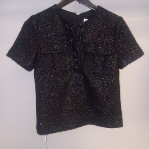 Self-Portrait Black Metallic Short-Sleeve Tweed Top